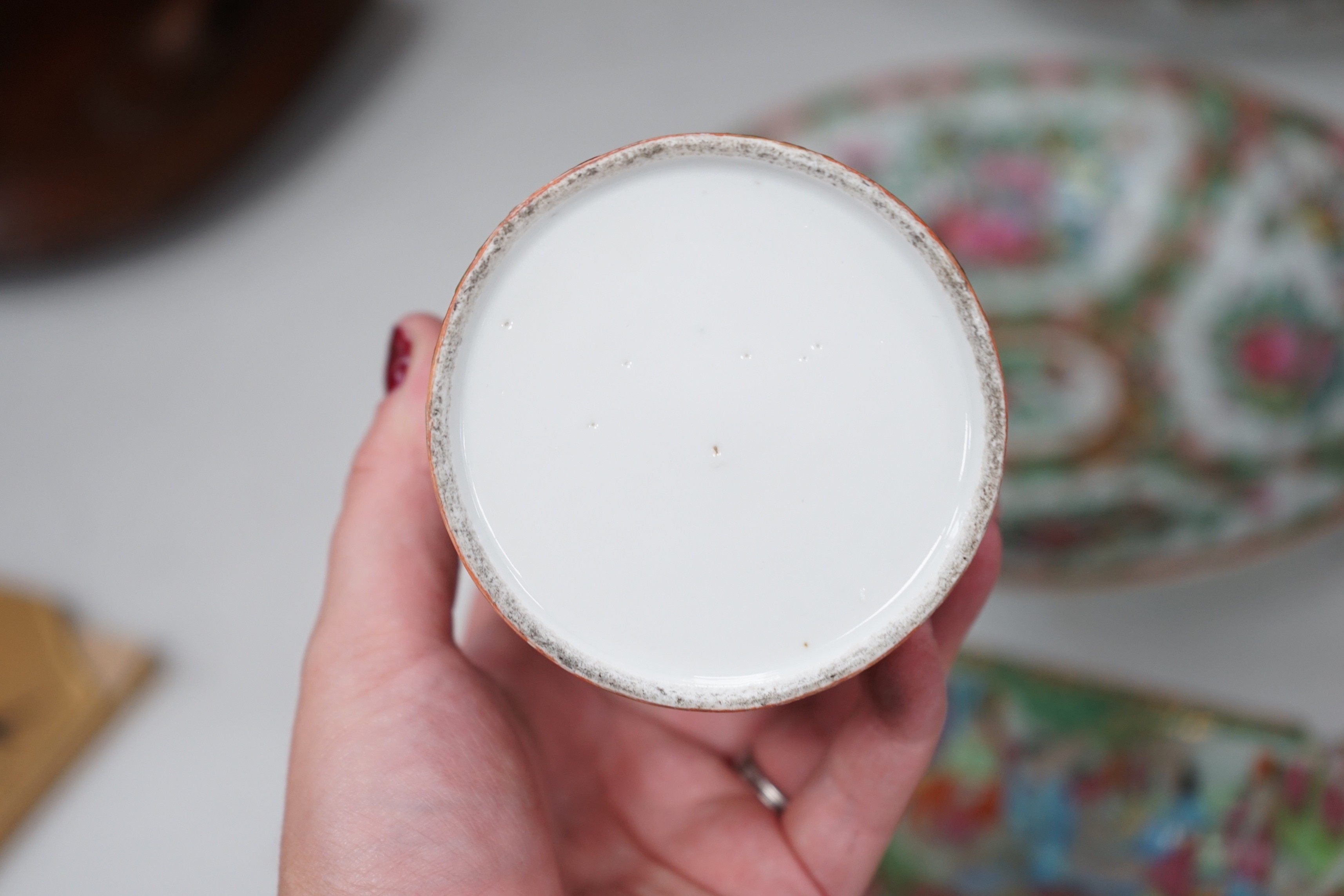 A group of 19th century Chinese famille rose - two plates, a square dish and a box and cover and two blue and white small vases